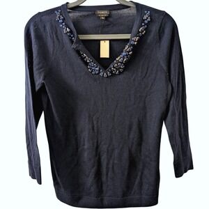 TALBOT'S‎ Jeweled Sweater Womens Small Navy Blue 100% Wool Bling Dressy NEW NWT